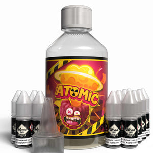 The Brews Bros Atomic 250ml Short Fill E Liquid Sour Raspberry Flavour with Twelve 10ml Nicotine Shots